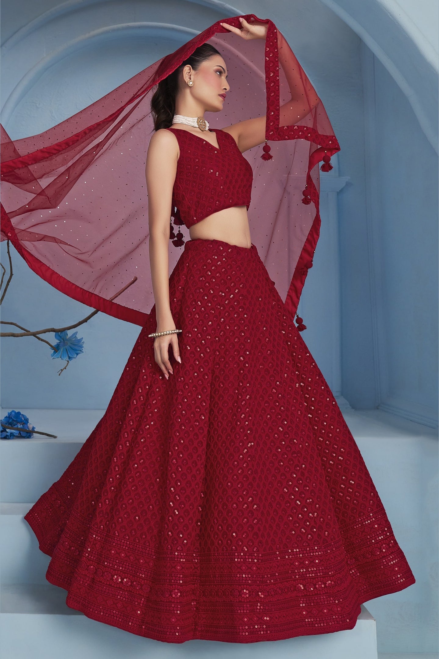 Red Georgette Lehenga Choli For Indian & Pakistani Wedding Festival - Sequins & Thread Embroidery Work