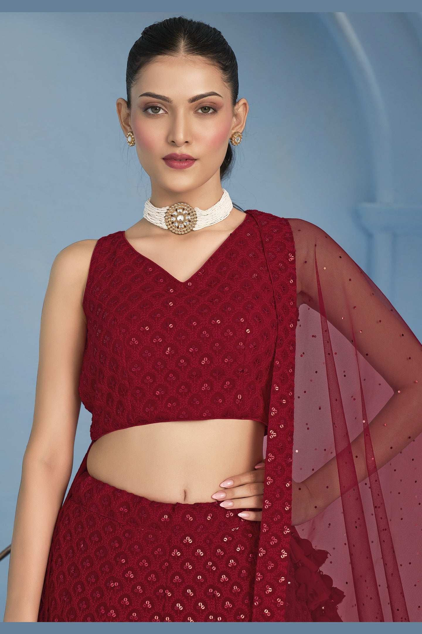 Red Georgette Lehenga Choli For Indian & Pakistani Wedding Festival - Sequins & Thread Embroidery Work