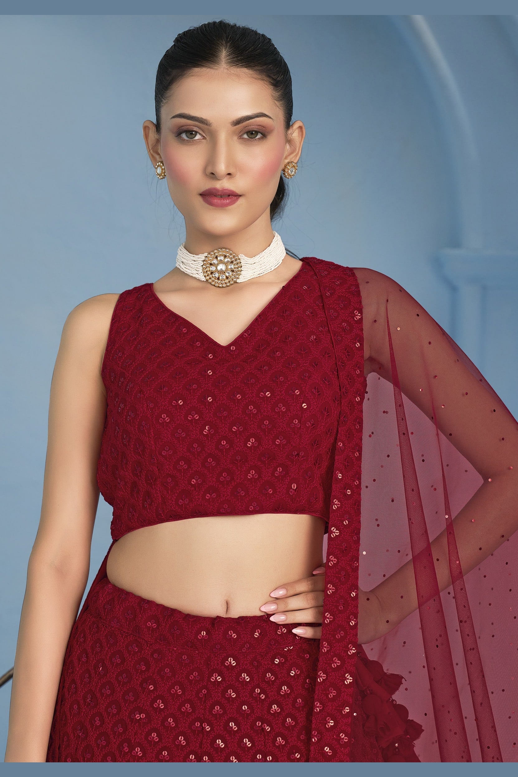 Red Georgette Lehenga Choli For Indian & Pakistani Wedding Festival - Sequins & Thread Embroidery Work