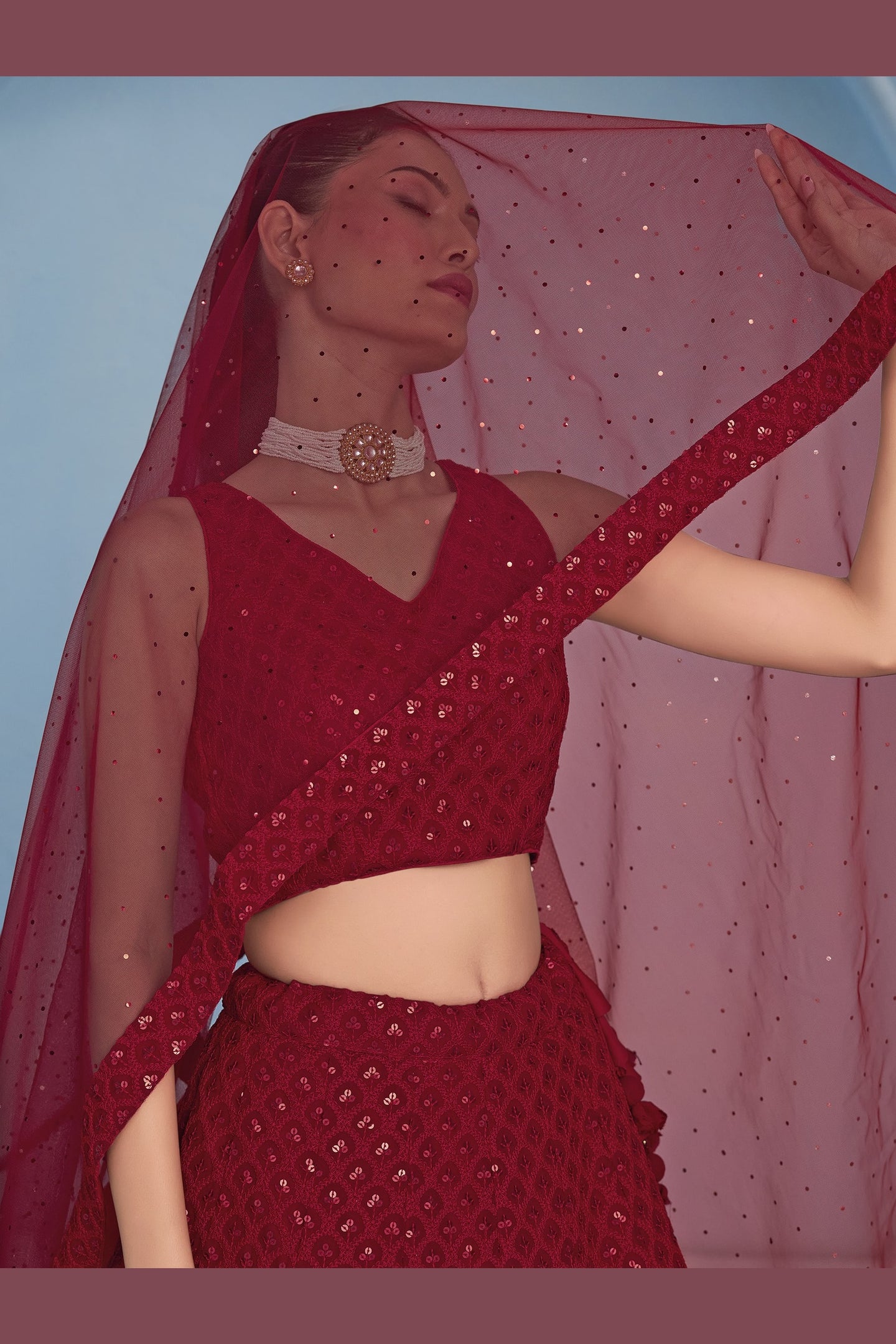 Red Georgette Lehenga Choli For Indian & Pakistani Wedding Festival - Sequins & Thread Embroidery Work