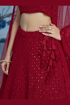 Red Georgette Lehenga Choli For Indian & Pakistani Wedding Festival - Sequins & Thread Embroidery Work