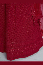 Red Georgette Lehenga Choli For Indian & Pakistani Wedding Festival - Sequins & Thread Embroidery Work
