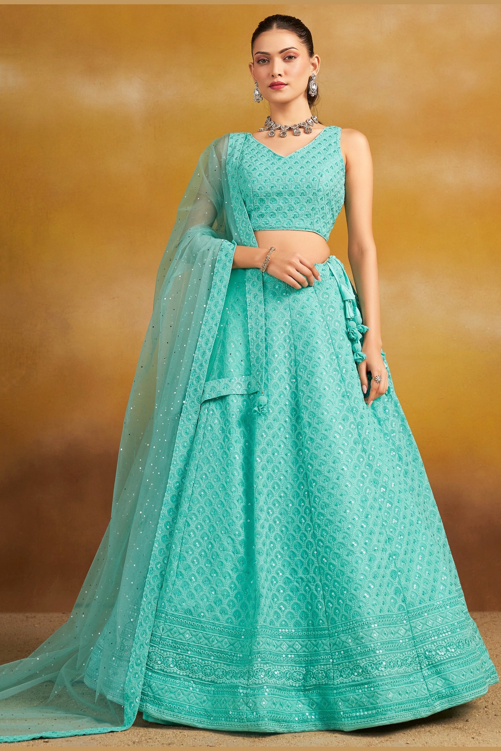 Turquoise Georgette Lehenga Choli For Indian & Pakistani Wedding Festival - Sequins & Thread Embroidery Work