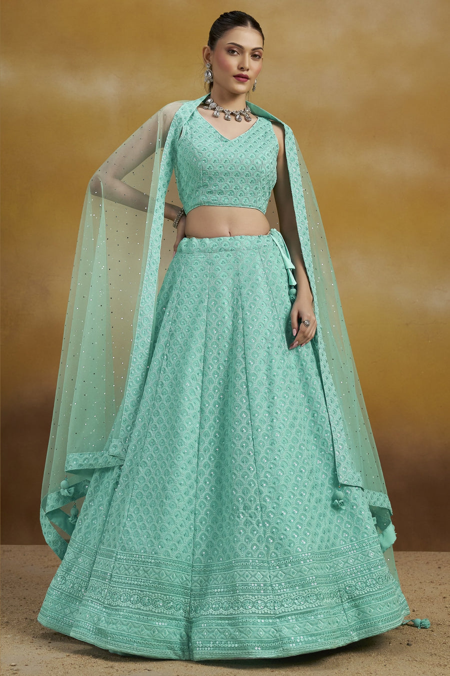 Turquoise Georgette Lehenga Choli For Indian & Pakistani Wedding Festival - Sequins & Thread Embroidery Work
