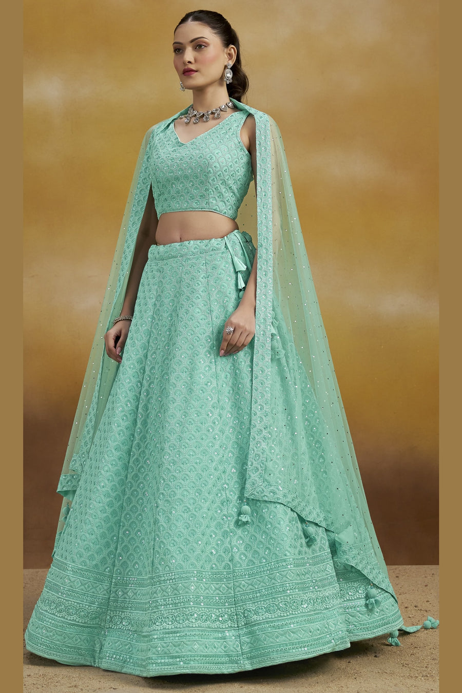 Turquoise Georgette Lehenga Choli For Indian & Pakistani Wedding Festival - Sequins & Thread Embroidery Work