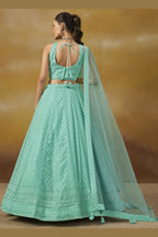Turquoise Georgette Lehenga Choli For Indian & Pakistani Wedding Festival - Sequins & Thread Embroidery Work