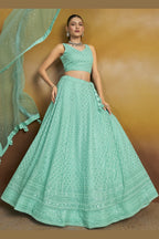 Turquoise Georgette Lehenga Choli For Indian & Pakistani Wedding Festival - Sequins & Thread Embroidery Work