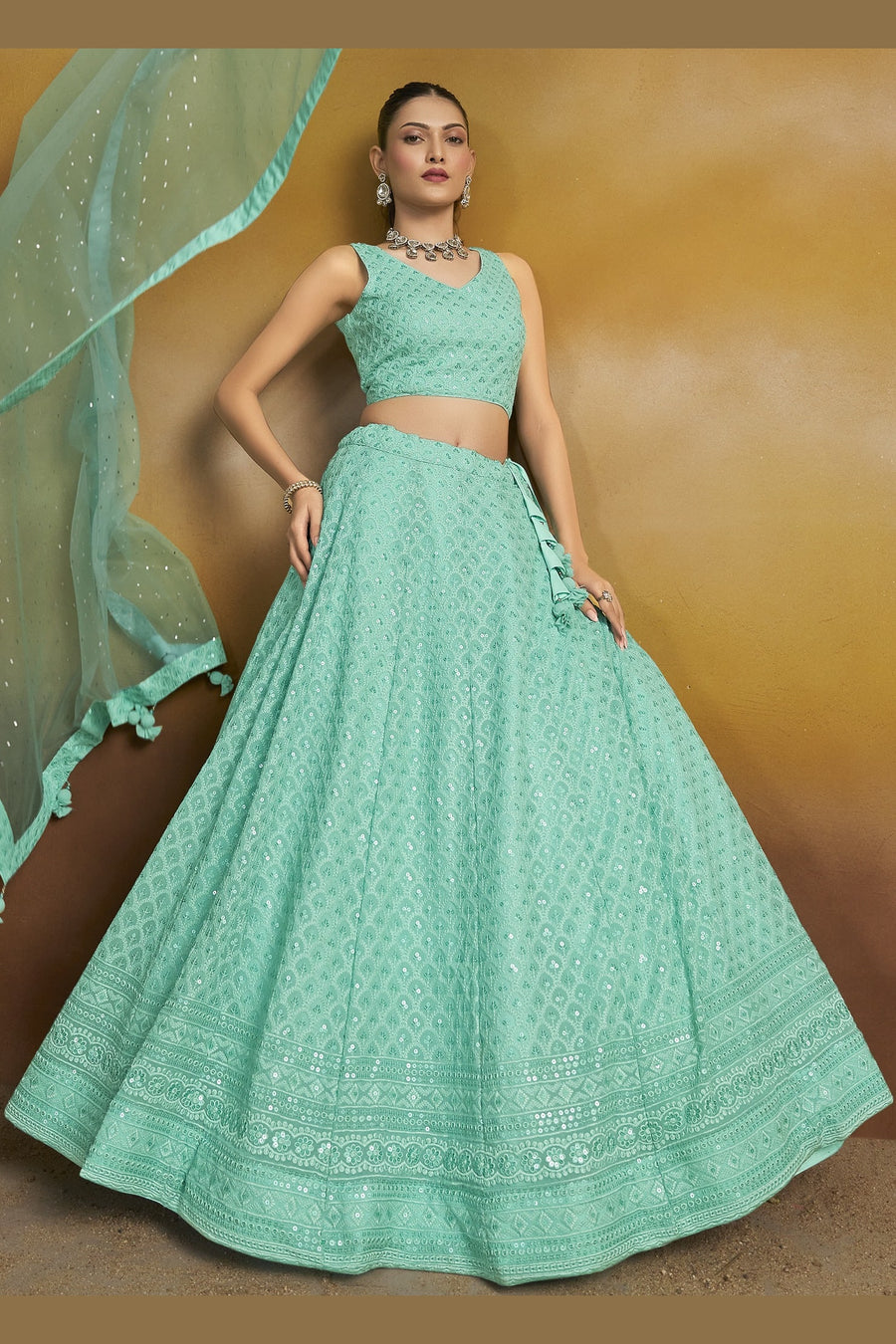 Turquoise Georgette Lehenga Choli For Indian & Pakistani Wedding Festival - Sequins & Thread Embroidery Work