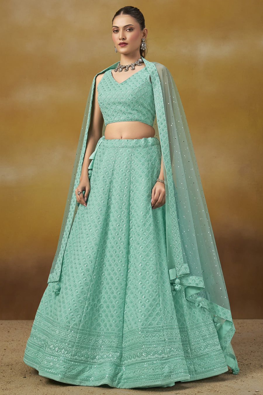 Turquoise Georgette Lehenga Choli For Indian & Pakistani Wedding Festival - Sequins & Thread Embroidery Work