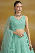 Turquoise Georgette Lehenga Choli For Indian & Pakistani Wedding Festival - Sequins & Thread Embroidery Work