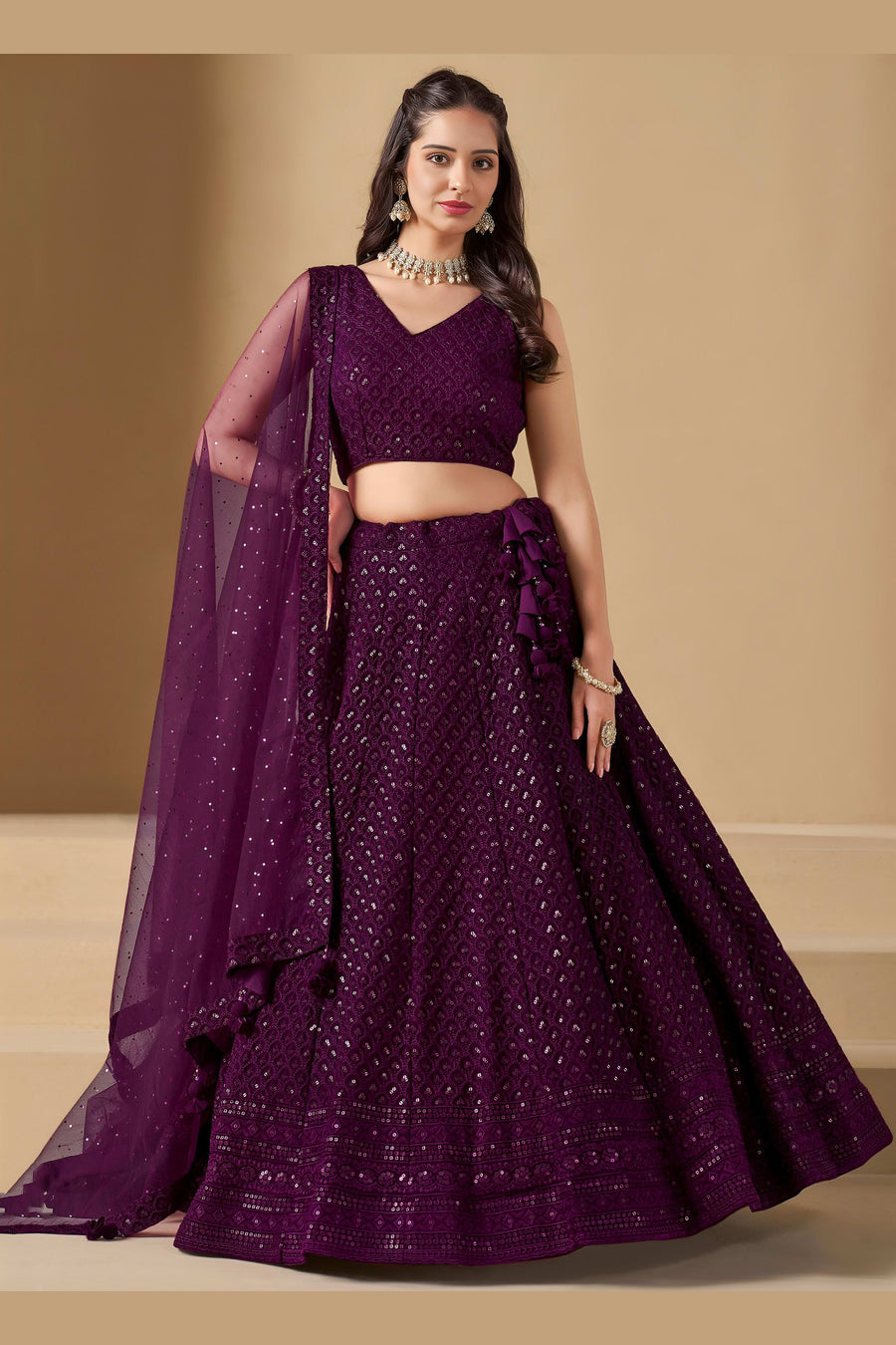 Wine Georgette Lehenga Choli For Indian & Pakistani Wedding Festival - Sequins & Thread Embroidery Work