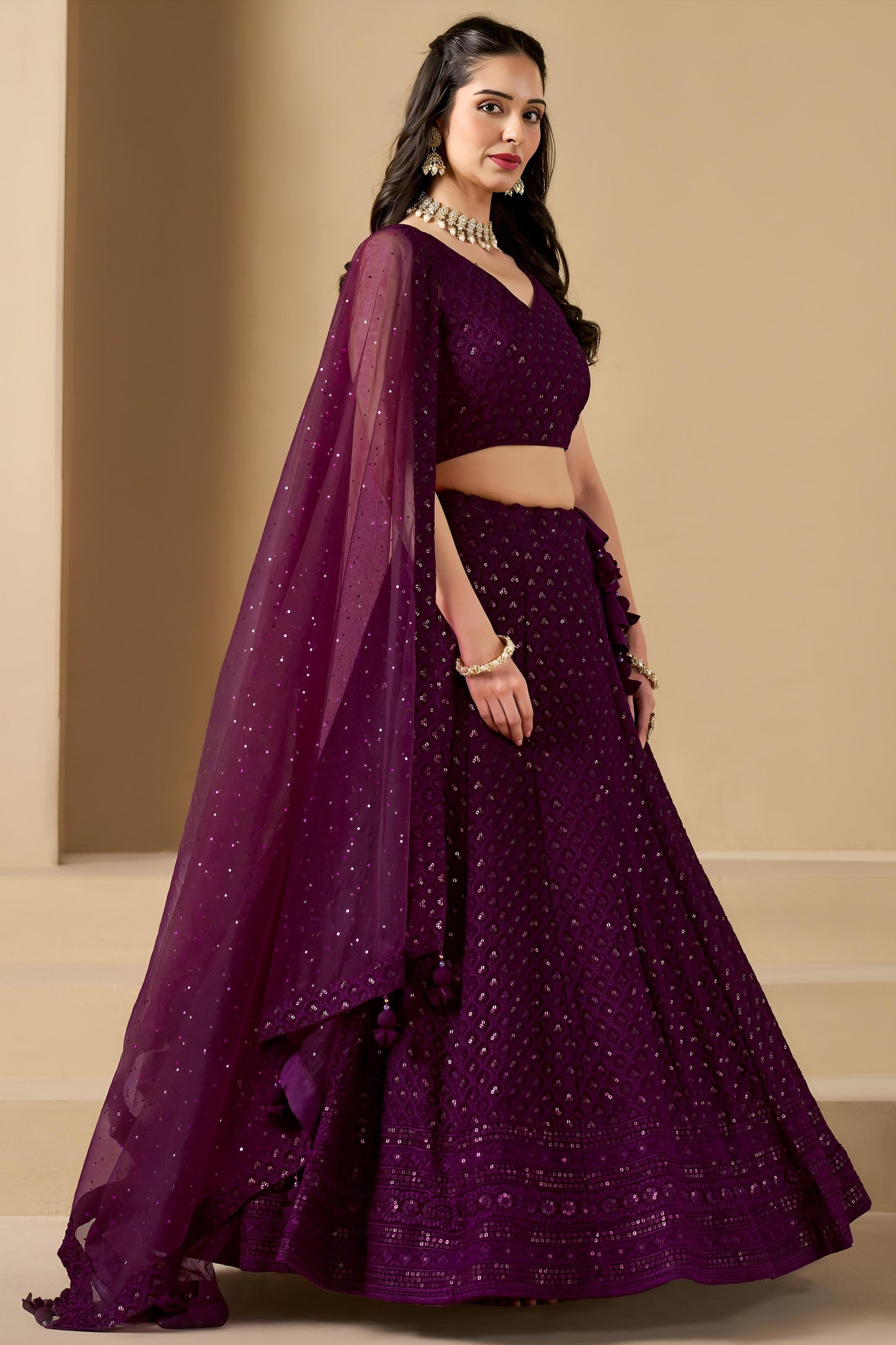 Wine Georgette Lehenga Choli For Indian & Pakistani Wedding Festival - Sequins & Thread Embroidery Work