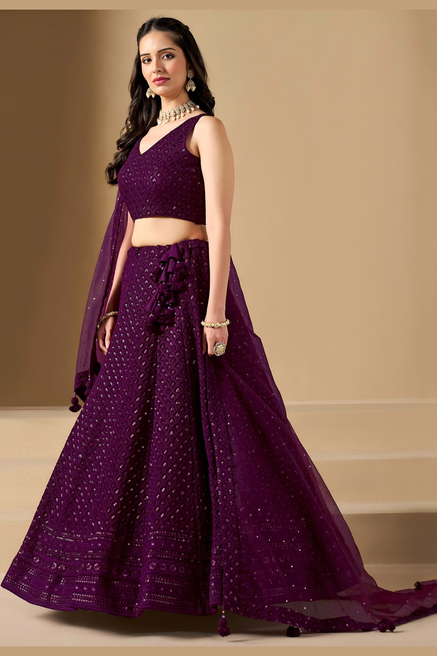 Wine Georgette Lehenga Choli For Indian & Pakistani Wedding Festival - Sequins & Thread Embroidery Work