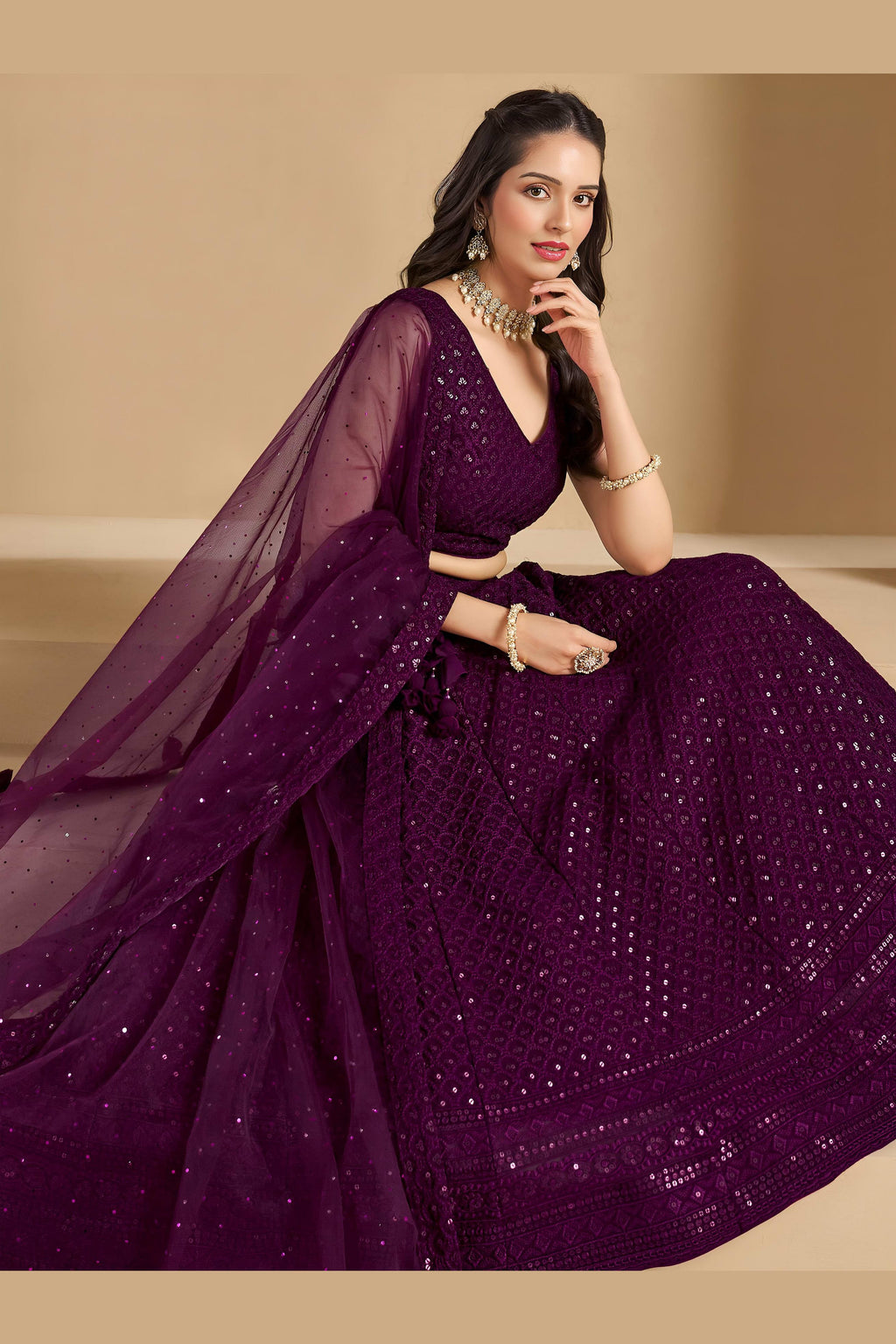 Wine Georgette Lehenga Choli For Indian & Pakistani Wedding Festival - Sequins & Thread Embroidery Work