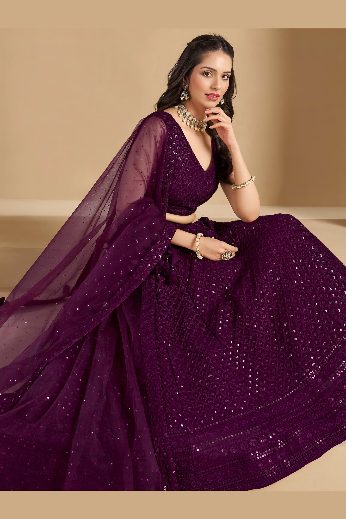 Wine Georgette Lehenga Choli For Indian & Pakistani Wedding Festival - Sequins & Thread Embroidery Work