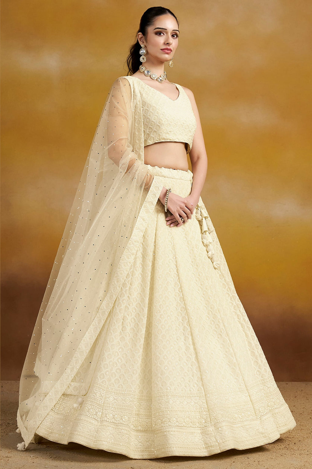 Cream Georgette Lehenga Choli For Indian & Pakistani Wedding Festival - Sequins & Thread Embroidery Work