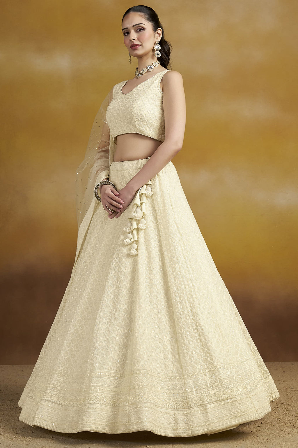Cream Georgette Lehenga Choli For Indian & Pakistani Wedding Festival - Sequins & Thread Embroidery Work
