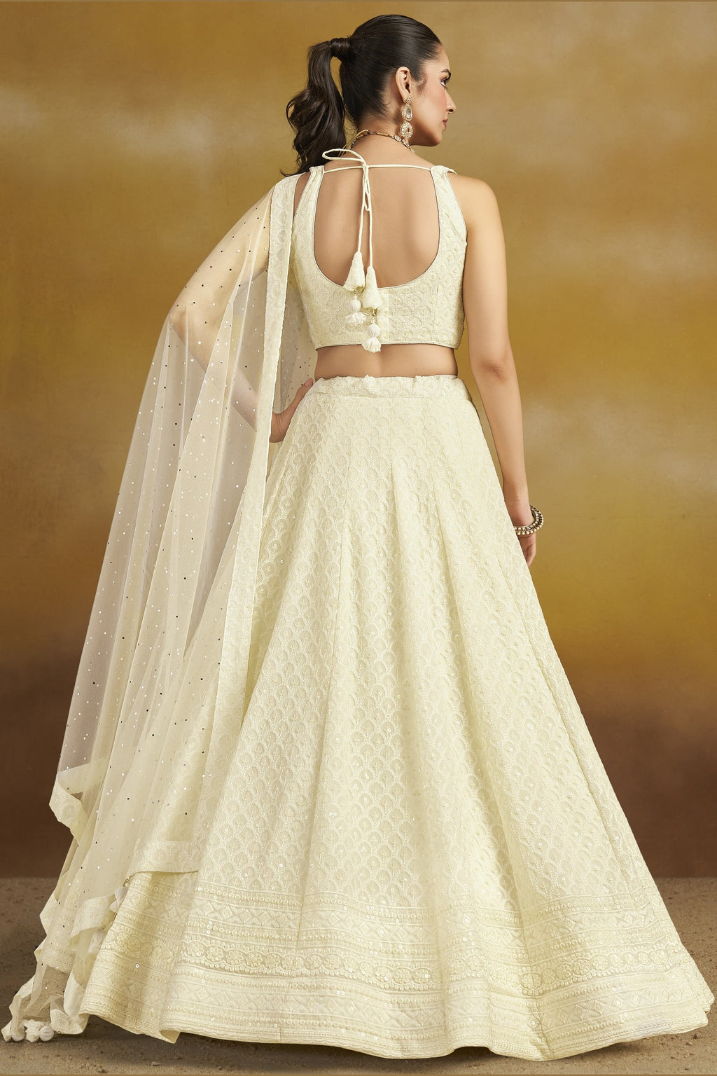 Cream Georgette Lehenga Choli For Indian & Pakistani Wedding Festival - Sequins & Thread Embroidery Work