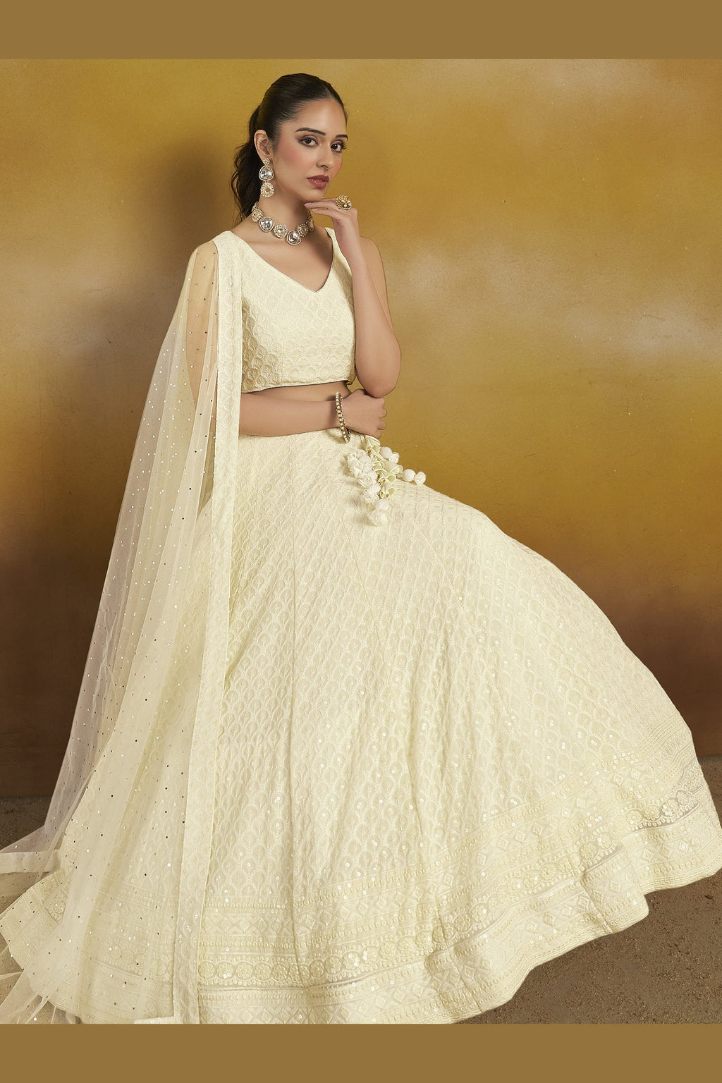 Cream Georgette Lehenga Choli For Indian & Pakistani Wedding Festival - Sequins & Thread Embroidery Work