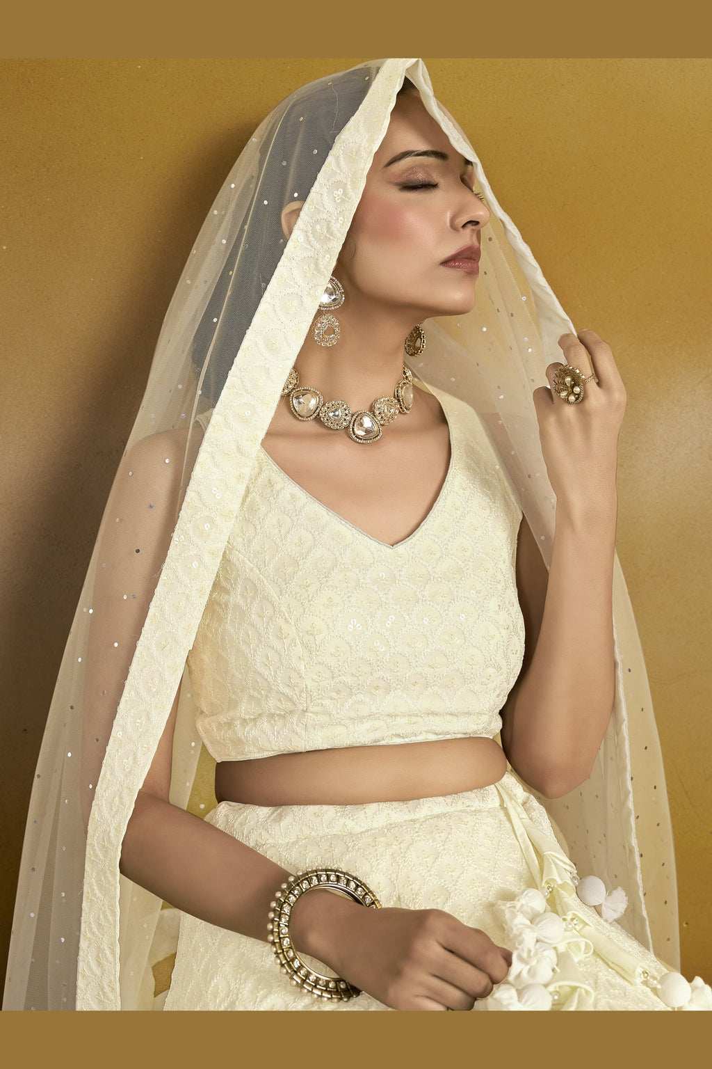 Cream Georgette Lehenga Choli For Indian & Pakistani Wedding Festival - Sequins & Thread Embroidery Work