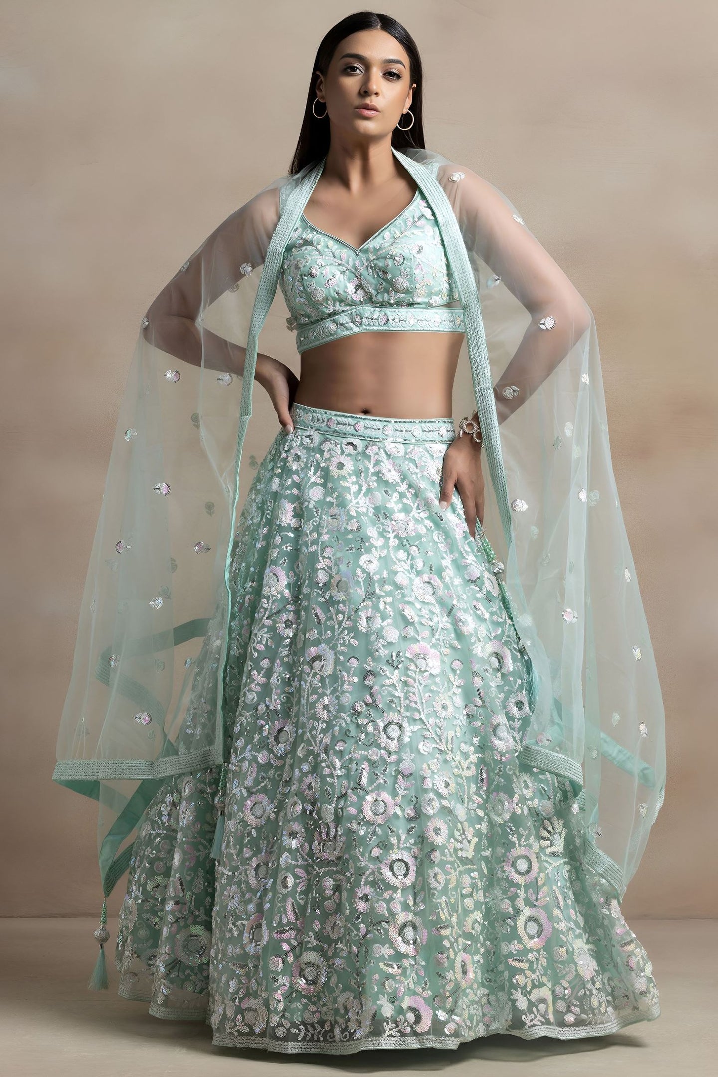 Aqua Net Pastel Lehenga Choli with Sequins and Thread Embroidery