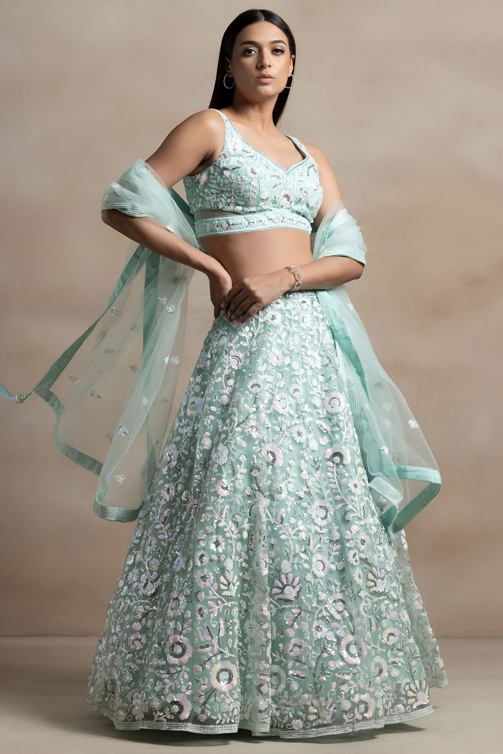Aqua Net Pastel Lehenga Choli with Sequins and Thread Embroidery