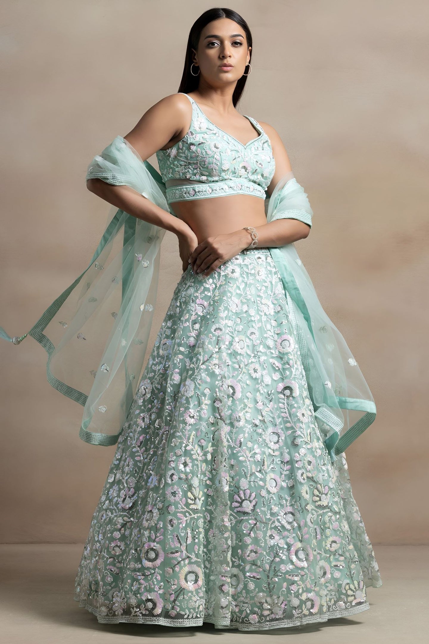 Aqua Net Pastel Lehenga Choli with Sequins and Thread Embroidery