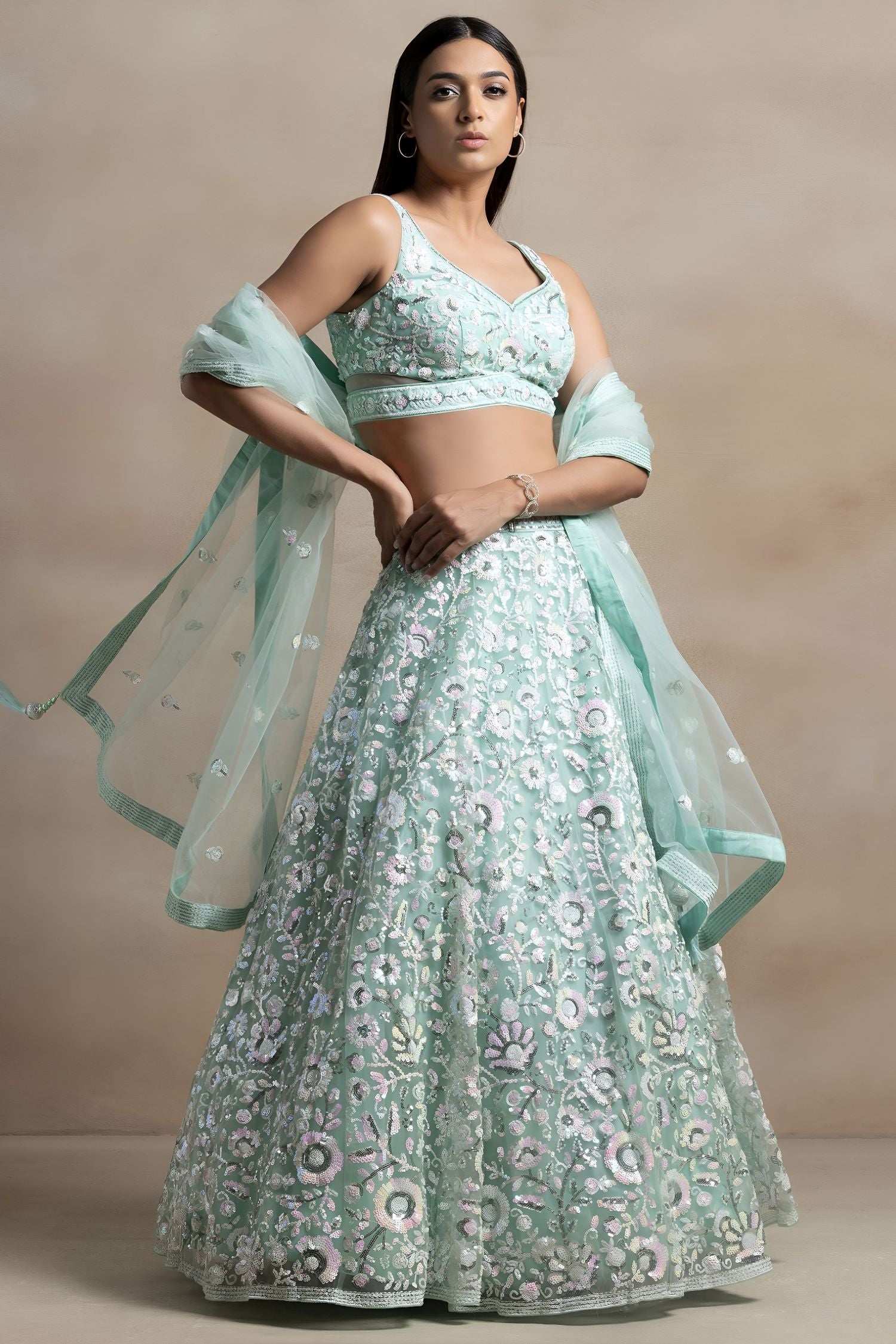 Aqua Net Pastel Lehenga Choli with Sequins and Thread Embroidery