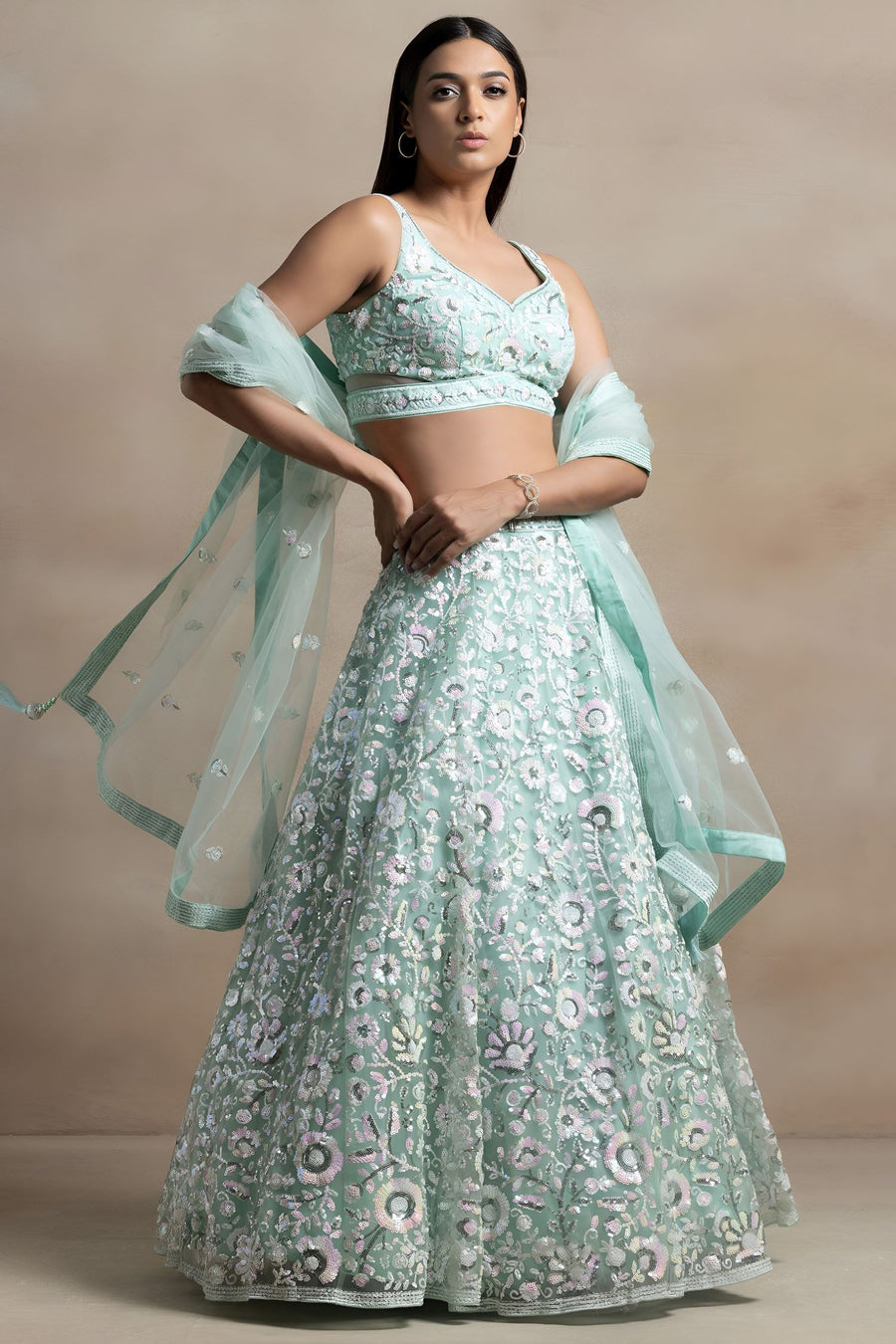 Aqua Net Pastel Lehenga Choli with Sequins and Thread Embroidery