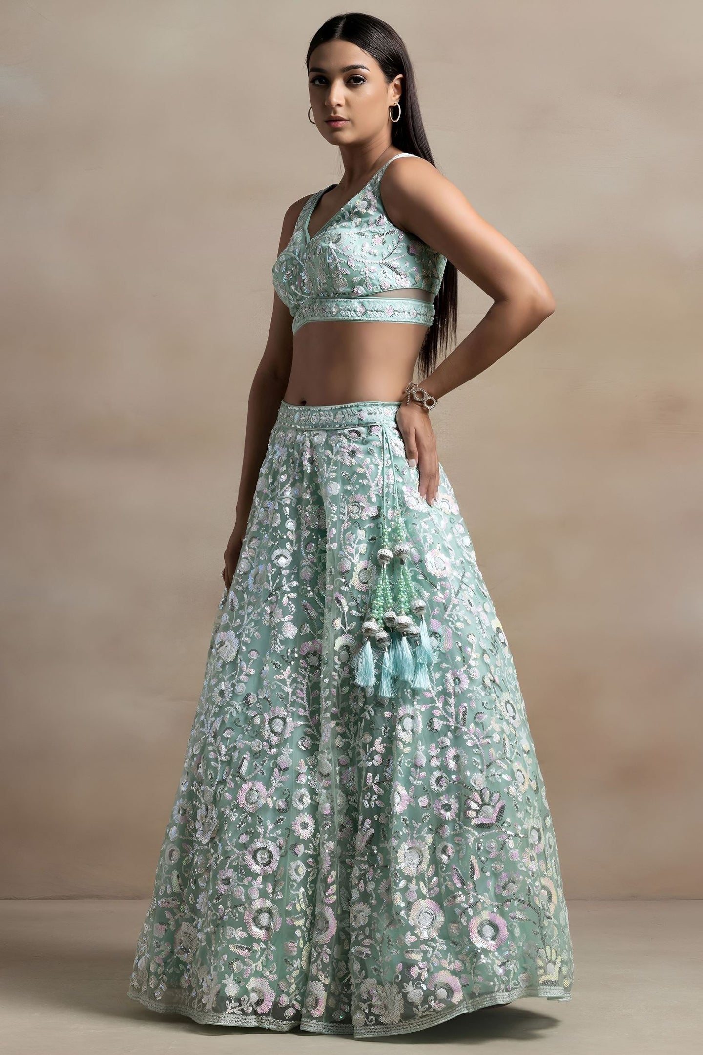 Aqua Net Pastel Lehenga Choli with Sequins and Thread Embroidery