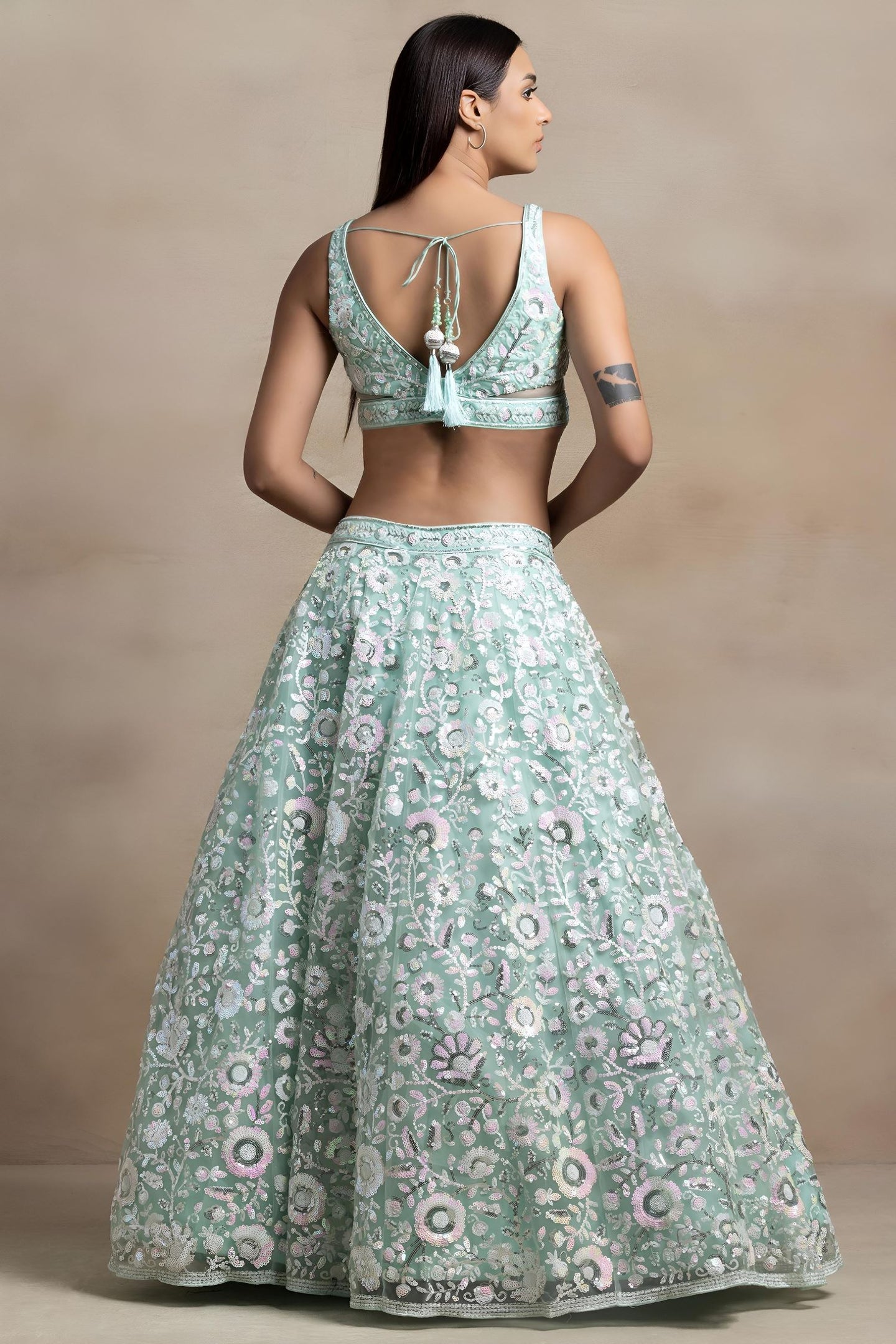 Aqua Net Pastel Lehenga Choli with Sequins and Thread Embroidery