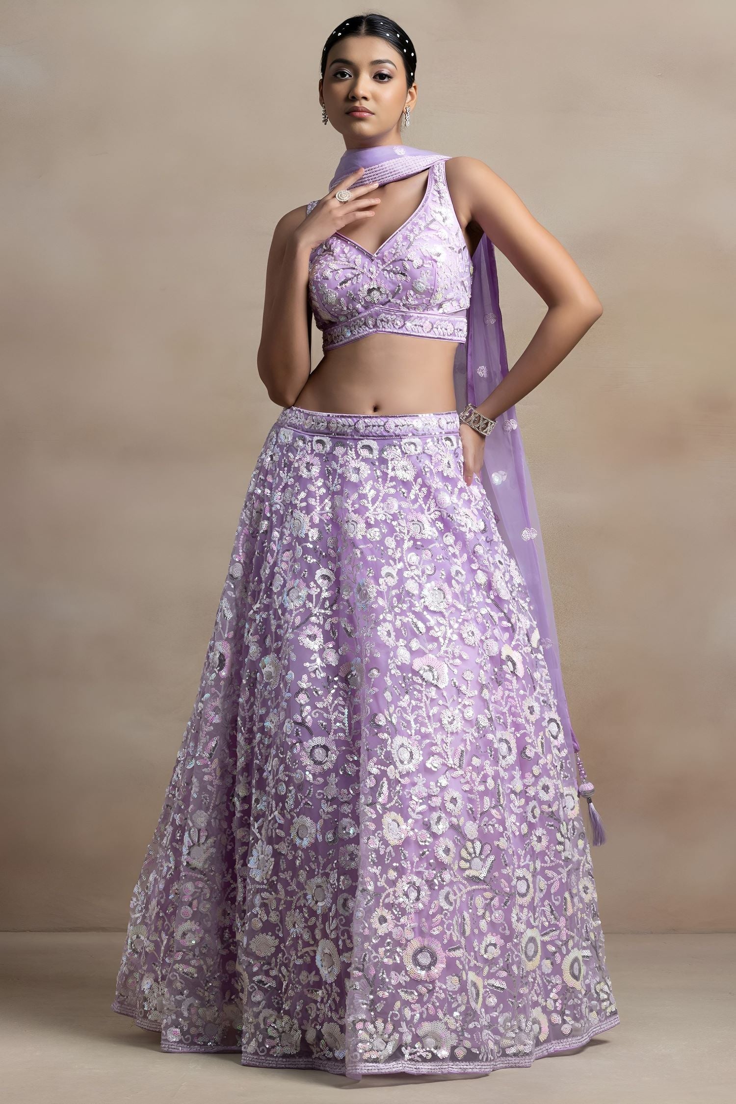 Lavender Net Pastel Lehenga Choli with Sequins and Thread Embroidery