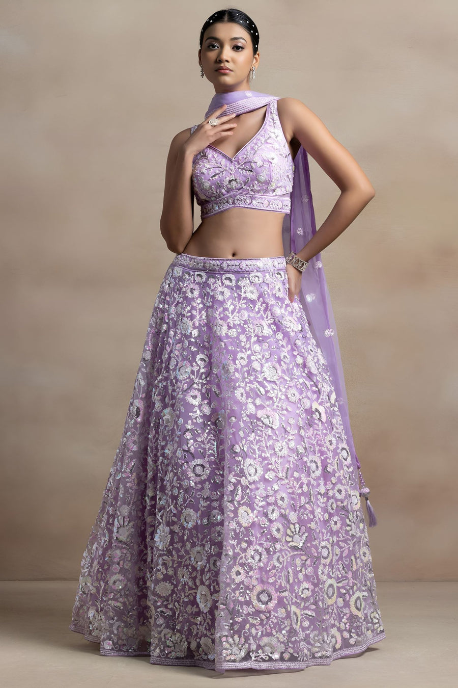 Lavender Net Pastel Lehenga Choli with Sequins and Thread Embroidery