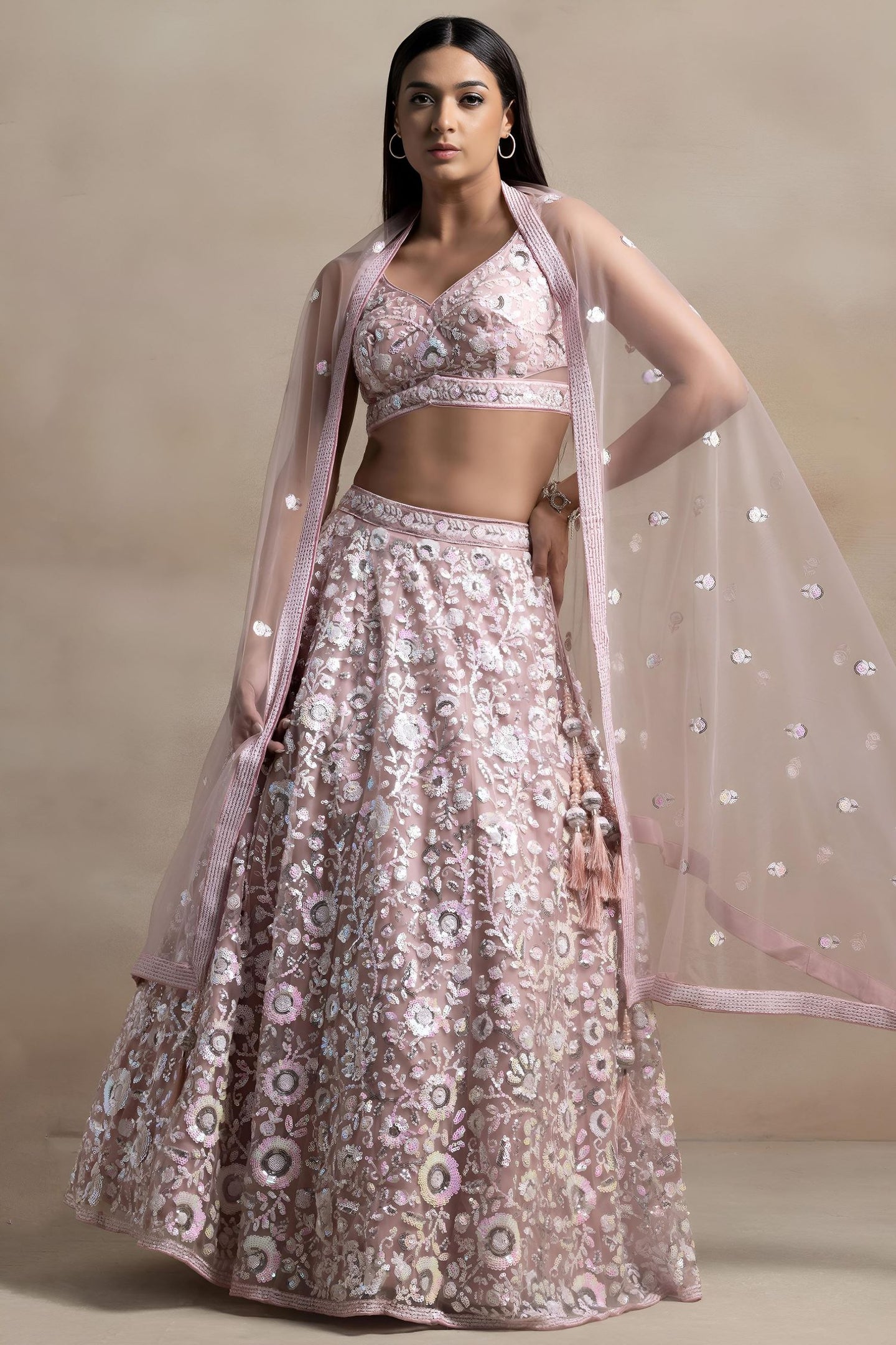 Pink Net Pastel Lehenga Choli with Sequins and Thread Work