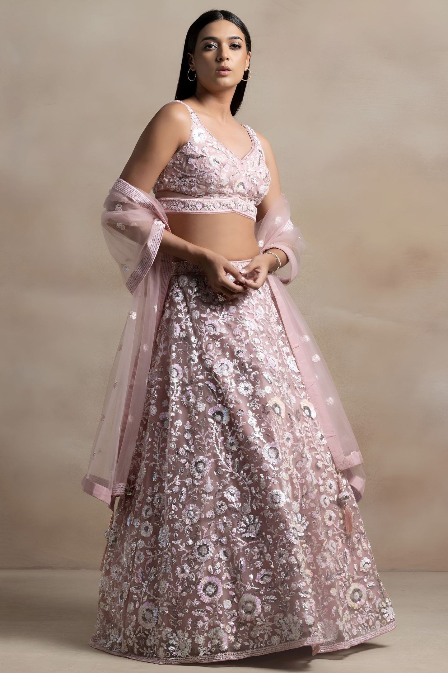 Pink Net Pastel Lehenga Choli with Sequins and Thread Work