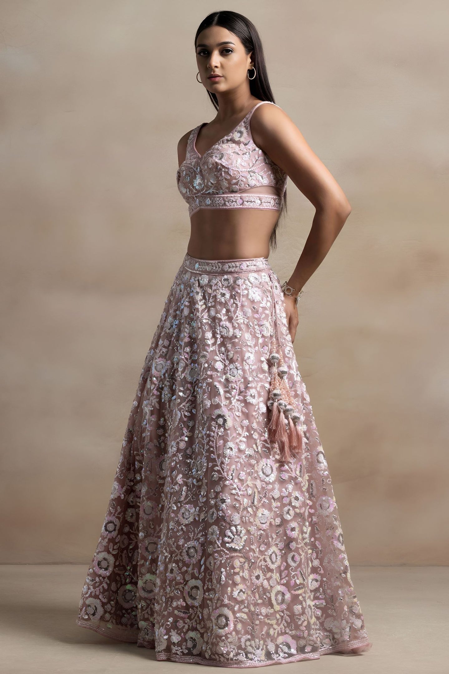 Pink Net Pastel Lehenga Choli with Sequins and Thread Work