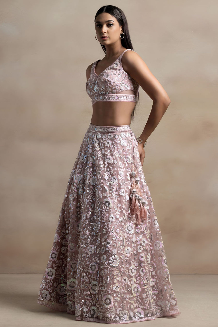 Pink Net Pastel Lehenga Choli with Sequins and Thread Work