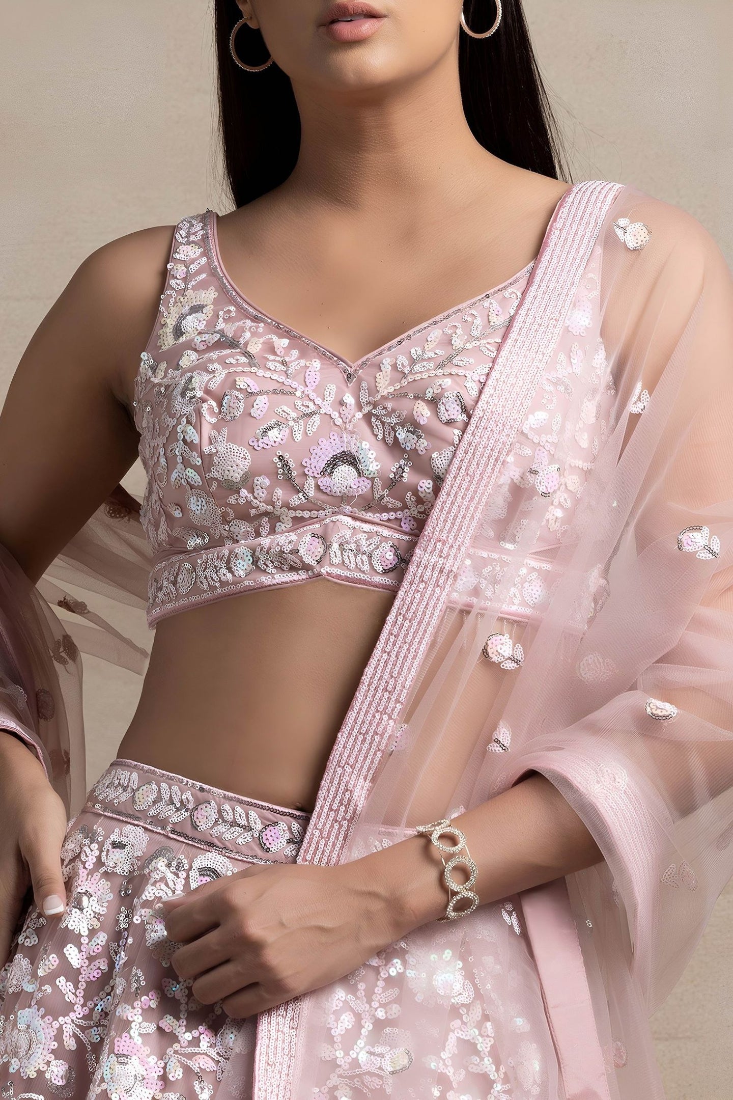 Pink Net Pastel Lehenga Choli with Sequins and Thread Work