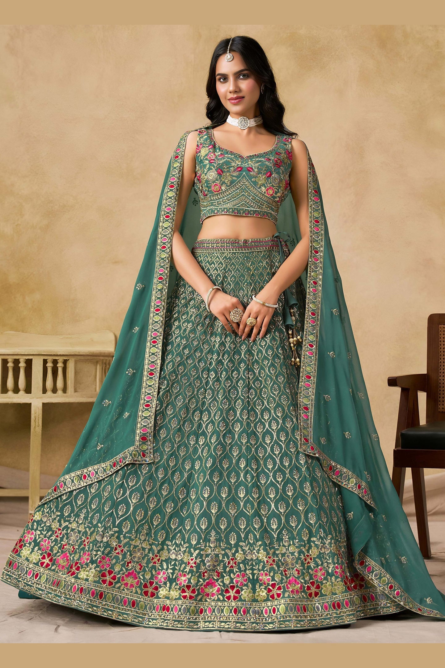 Teal Georgette Lehenga Choli For Indian & Pakistani Wedding Festival - Sequins & Thread Embroidery Work