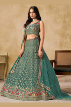 Teal Georgette Lehenga Choli For Indian & Pakistani Wedding Festival - Sequins & Thread Embroidery Work