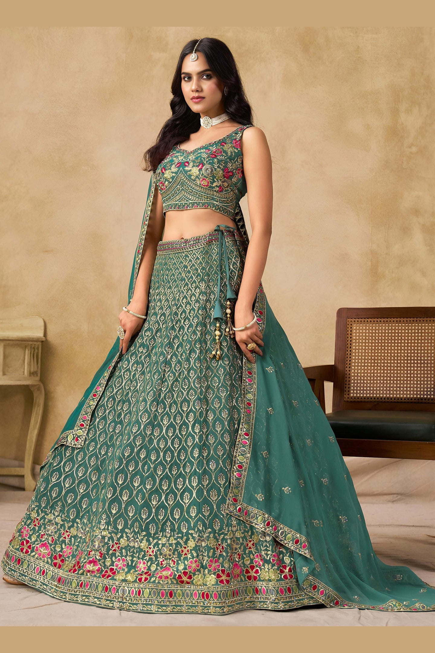 Teal Georgette Lehenga Choli For Indian & Pakistani Wedding Festival - Sequins & Thread Embroidery Work