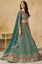 Teal Georgette Lehenga Choli For Indian & Pakistani Wedding Festival - Sequins & Thread Embroidery Work