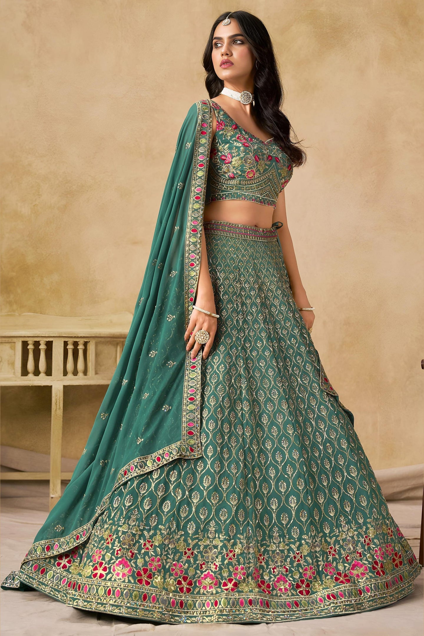 Teal Georgette Lehenga Choli For Indian & Pakistani Wedding Festival - Sequins & Thread Embroidery Work