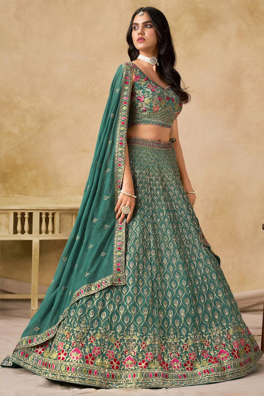 Teal Georgette Lehenga Choli For Indian & Pakistani Wedding Festival - Sequins & Thread Embroidery Work