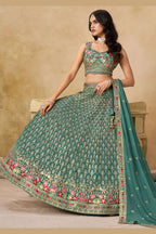 Teal Georgette Lehenga Choli For Indian & Pakistani Wedding Festival - Sequins & Thread Embroidery Work