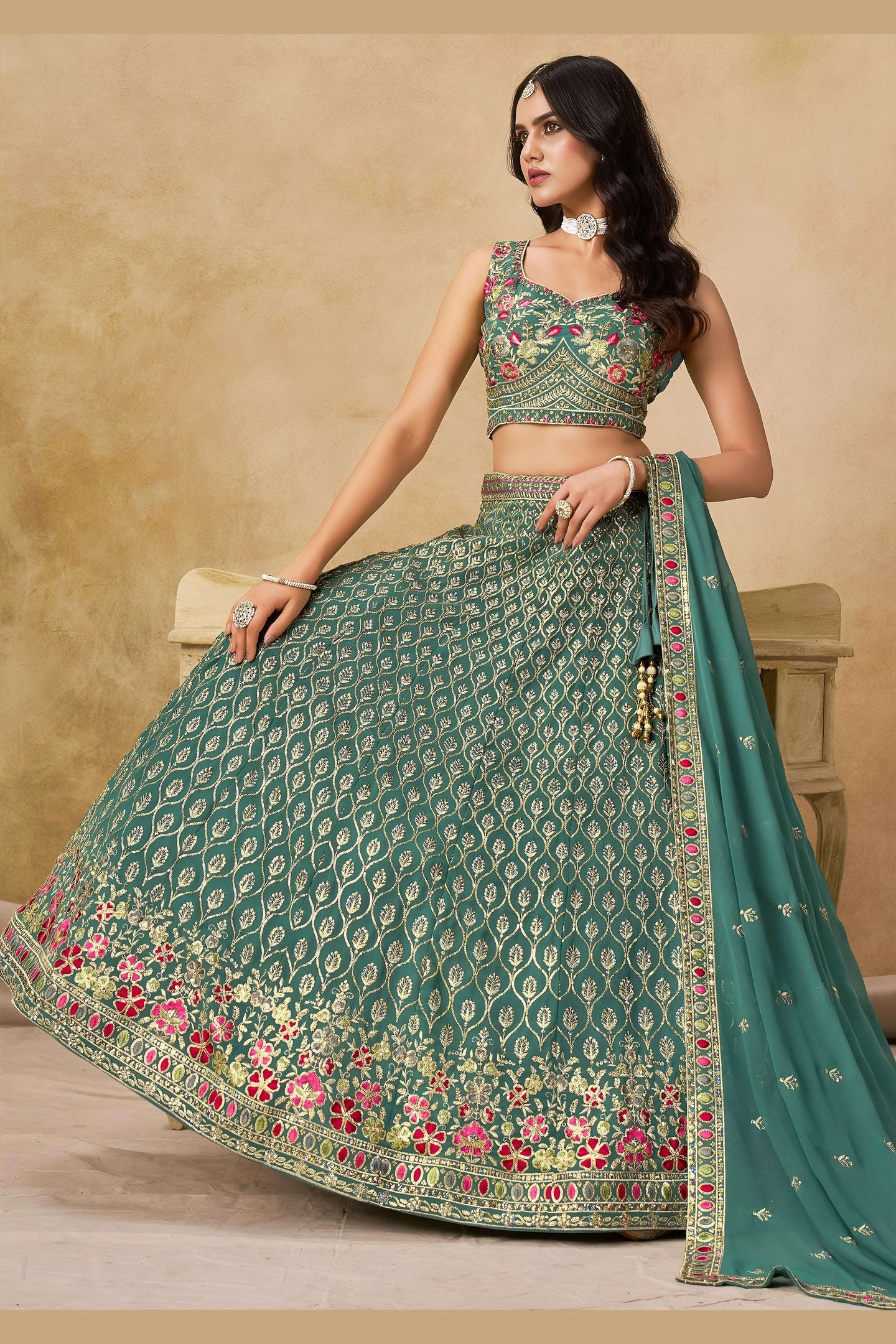 Teal Georgette Lehenga Choli For Indian & Pakistani Wedding Festival - Sequins & Thread Embroidery Work