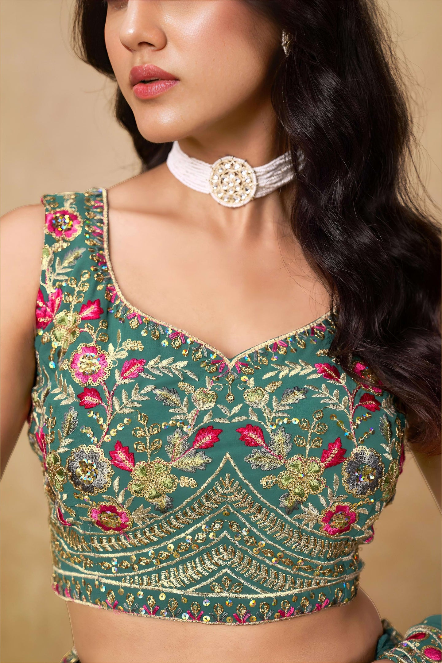 Teal Georgette Lehenga Choli For Indian & Pakistani Wedding Festival - Sequins & Thread Embroidery Work