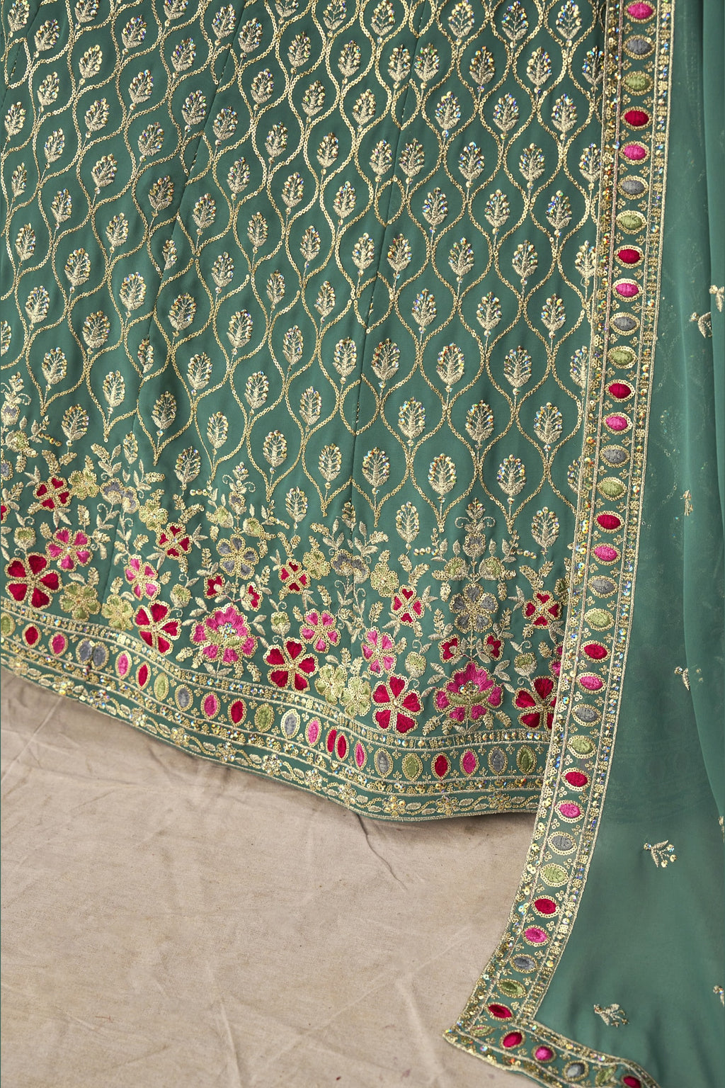 Teal Georgette Lehenga Choli For Indian & Pakistani Wedding Festival - Sequins & Thread Embroidery Work