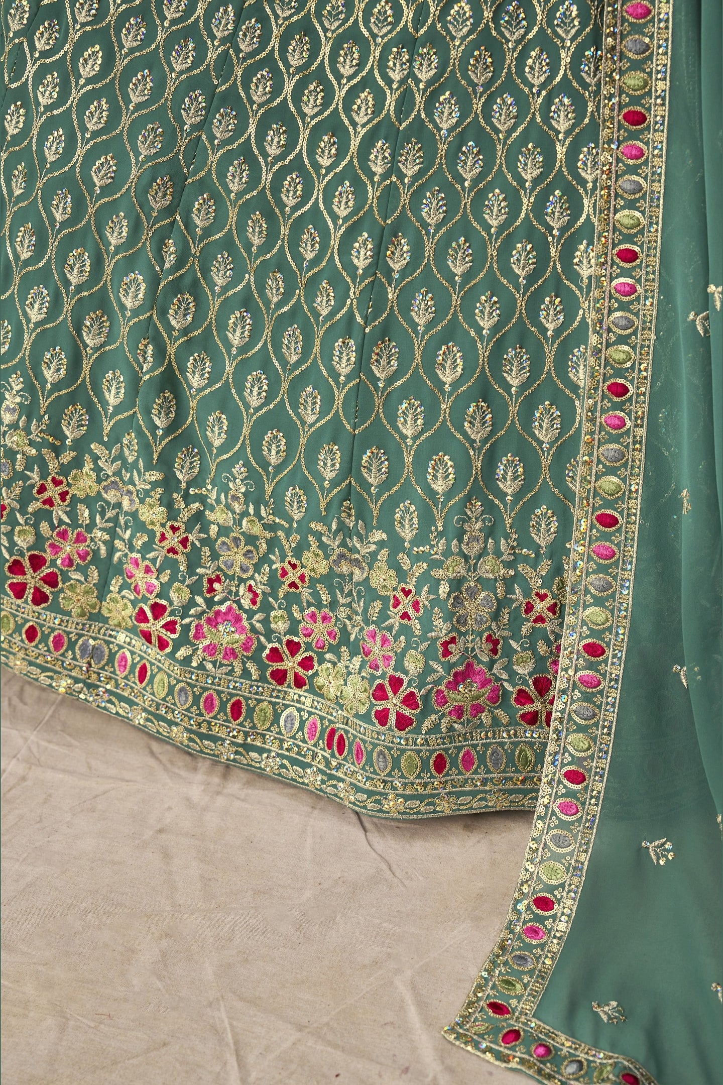 Teal Georgette Lehenga Choli For Indian & Pakistani Wedding Festival - Sequins & Thread Embroidery Work