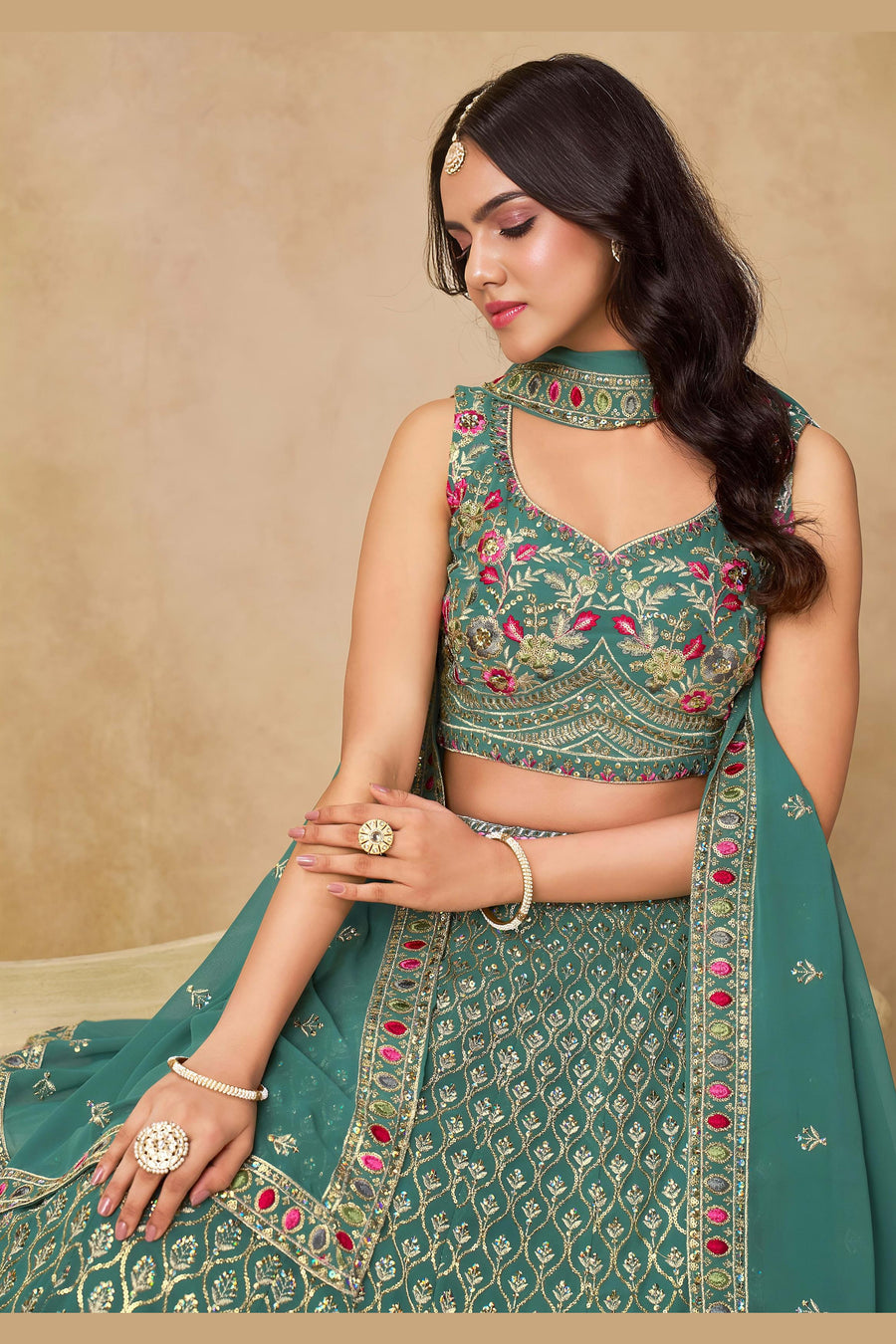 Teal Georgette Lehenga Choli For Indian & Pakistani Wedding Festival - Sequins & Thread Embroidery Work